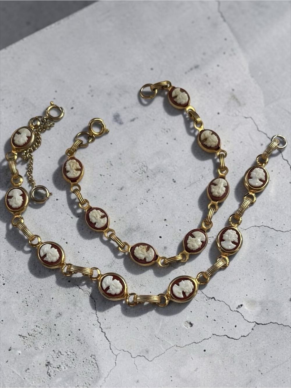 Vintage Gold Tone Cameo Link Convertible Bracelet Set